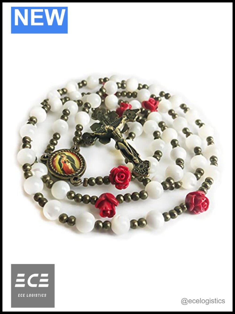 Mother of Pearl Red Rose Rosary Necklace Catholic Y-Necklace
